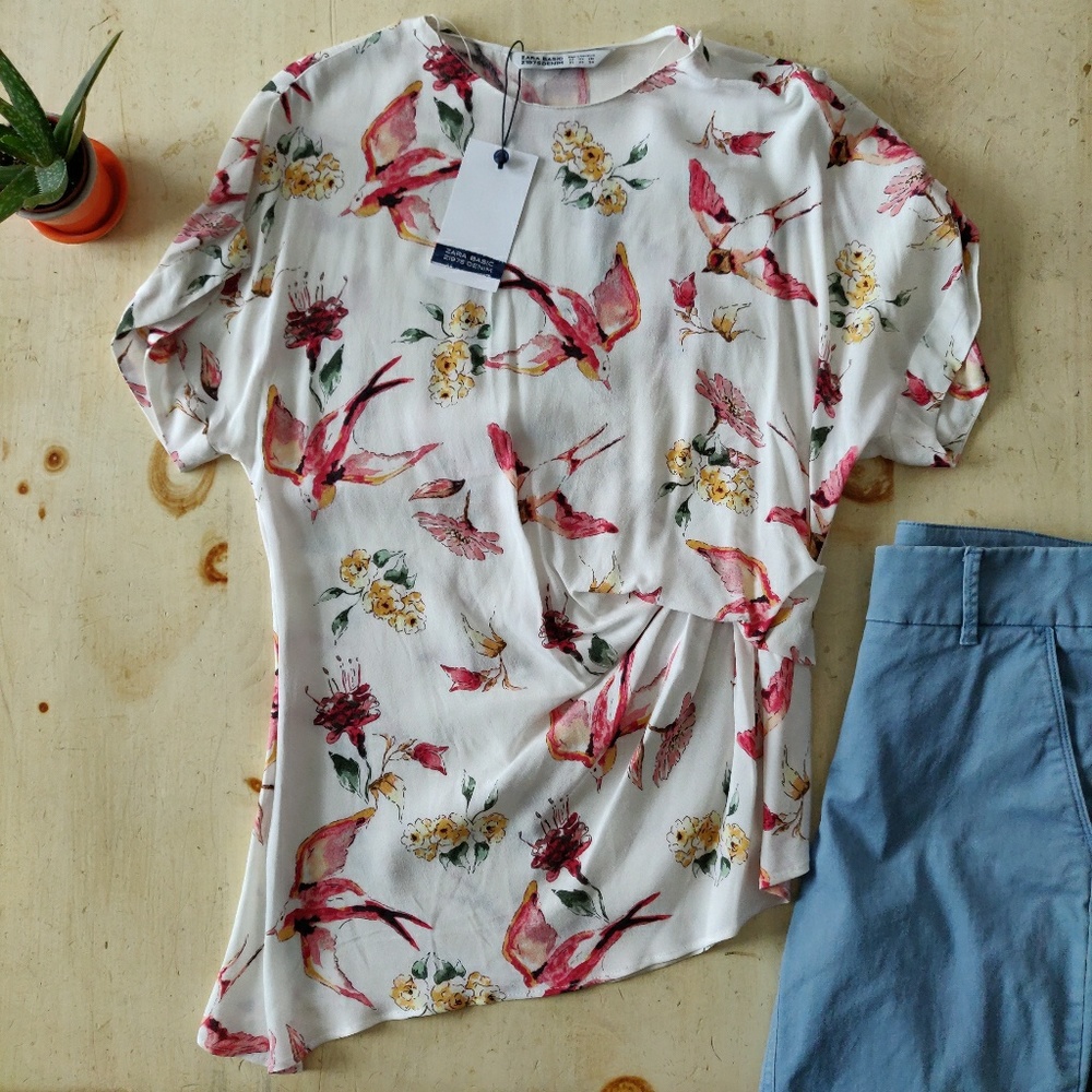 Zara Basics white blouse bird floral pattern